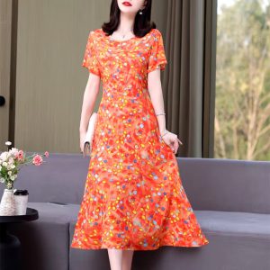 Casual O-Neck Print Short Sleeve Knee-Length Midi Dress