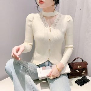 Casual Patched Lace Halter Sweater Full Sleeve Knit Slim Split Top