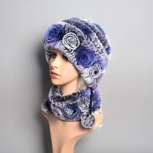 Casual Patchwork Natural Warm Rex Rabbit Fur Hat Scarf 2 Pieces
