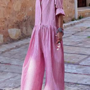 Casual Plaid Button Cotton Blended High Waist Loose Full Jumpsuit