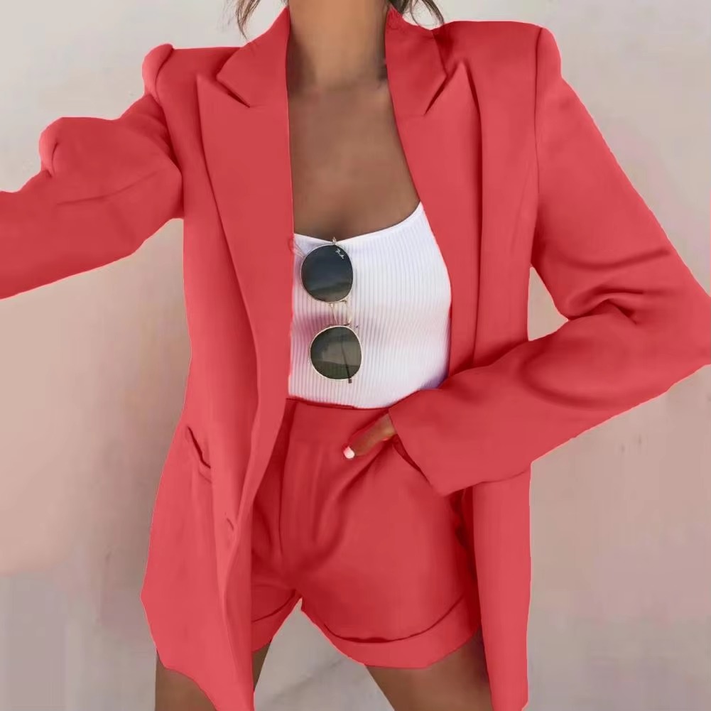 Casual Pocket Design Lady Business Cardigan Coat Shorts Set Office Outfit Short Suits - Image 5