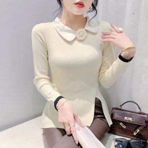 Casual Polo Collor Pullover Slim Fitting Long Sleeve Base Knitted Split Tops