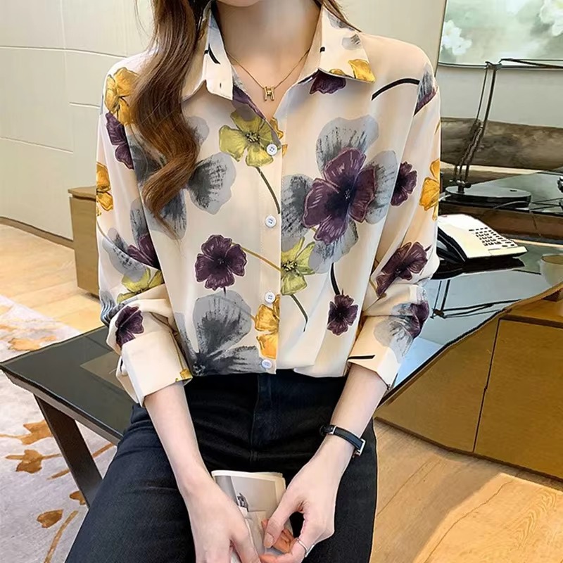 Casual Polo-neck Floral Print Sweet Chiffon Shirt - Image 2
