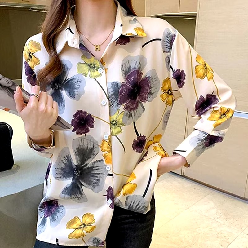 Casual Polo-neck Floral Print Sweet Chiffon Shirt - Image 3