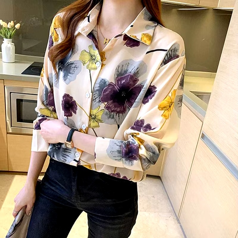 Casual Polo-neck Floral Print Sweet Chiffon Shirt - Image 4