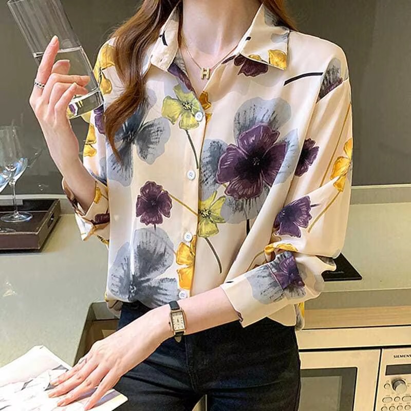 Casual Polo-neck Floral Print Sweet Chiffon Shirt - Image 5