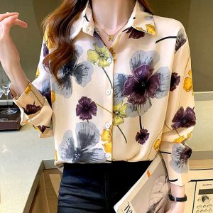 Casual Polo-neck Floral Print Sweet Chiffon Shirt
