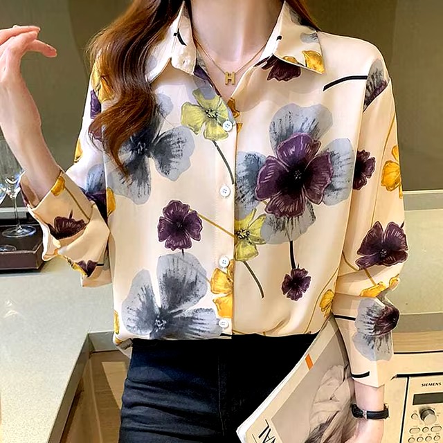 Casual Polo-neck Floral Print Sweet Chiffon Shirt