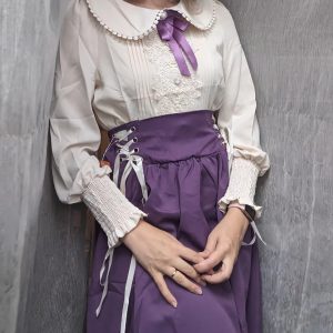 Casual Preppy Style High Waist Lace-up Pleated Shirt And Long Skirt 265_11zon