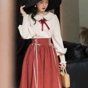 Casual Preppy Style High Waist Lace-up Pleated Shirt And Long Skirt