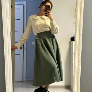 Casual Preppy Style High Waist Lace-up Pleated Shirt And Long Skirt0322_11zon
