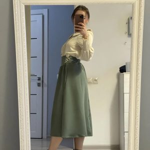 Casual Preppy Style High Waist Lace-up Pleated Shirt And Long Skirt8012_11zon