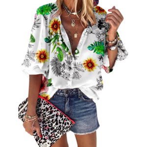 Casual Printed Design Half Sleeve V-Neck Non Stretch Loose Blouse