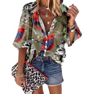Casual Printed Design Half Sleeve V-Neck Loose Blouse