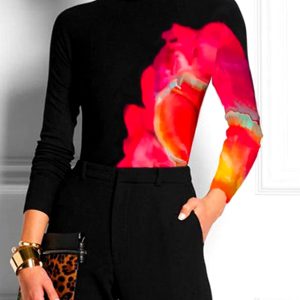 Casual Printed Long Sleeve High Neck Skinny Office Lady T-Shirts Tops