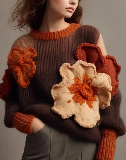 Casual Retro Contrast Flowers Soft Comfortable Loose Knitted Sweater - Image 2