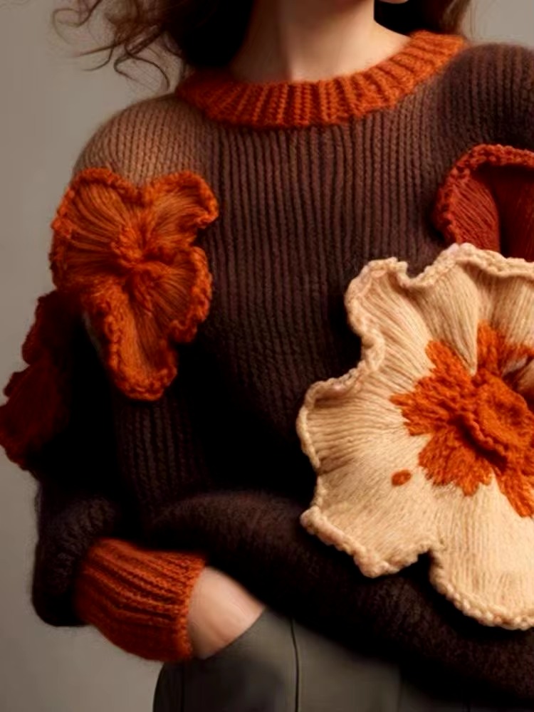 Casual Retro Contrast Flowers Soft Comfortable Loose Knitted Sweater - Image 3