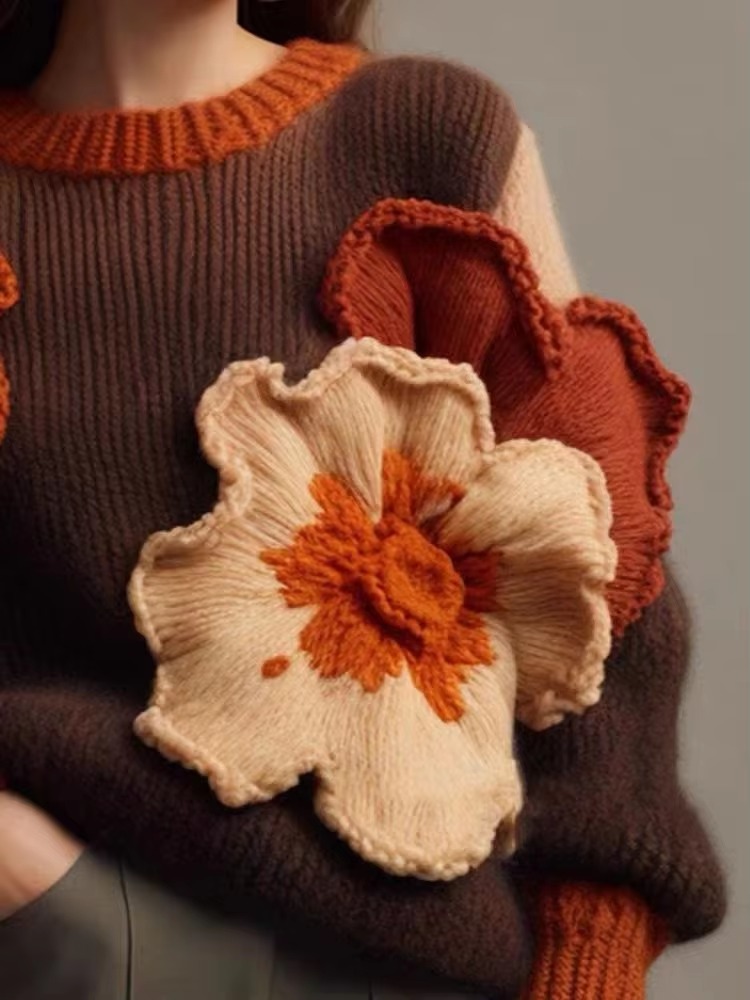 Casual Retro Contrast Flowers Soft Comfortable Loose Knitted Sweater - Image 4
