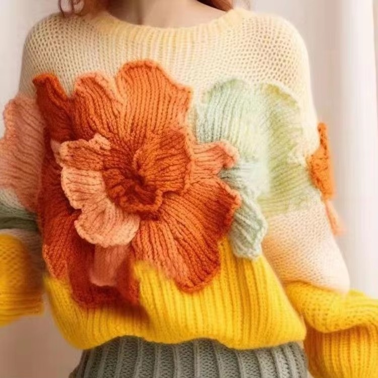 Casual Retro Contrast Flowers Soft Comfortable Loose Knitted Sweater