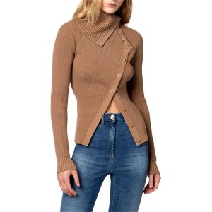 Casual Retro Lapel Irregular Design Slit Hem Long-Sleeved Sweater