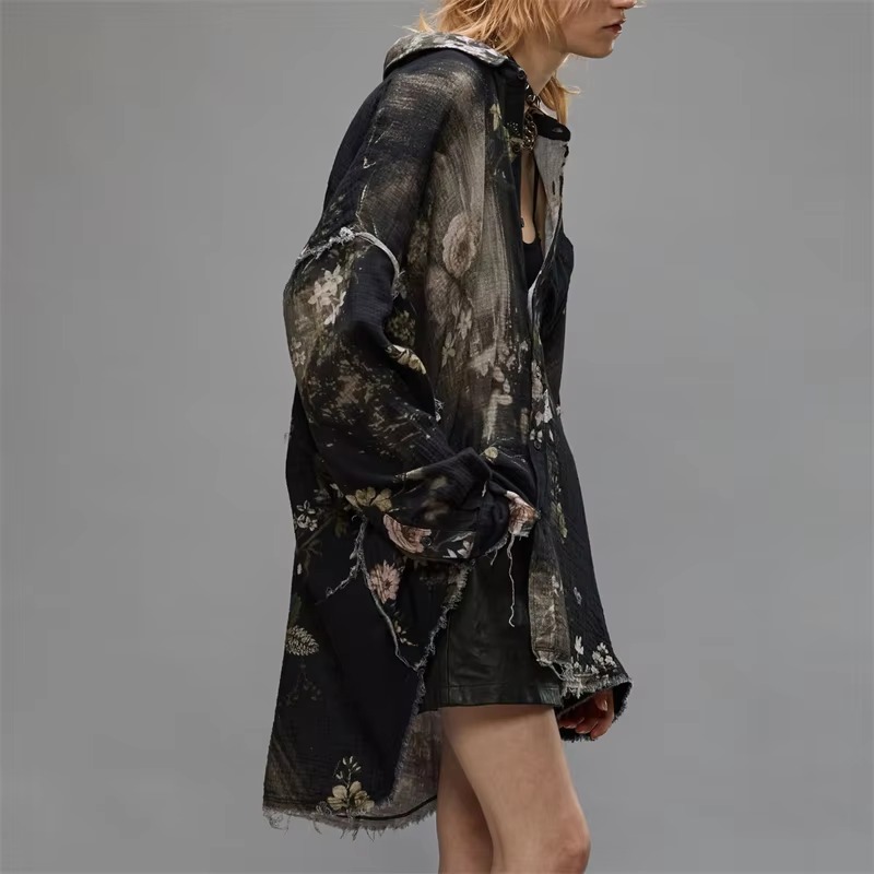 Casual Retro Lapel Print Cotton Tie Dye Loose Long-Sleeved Shirt - Image 3