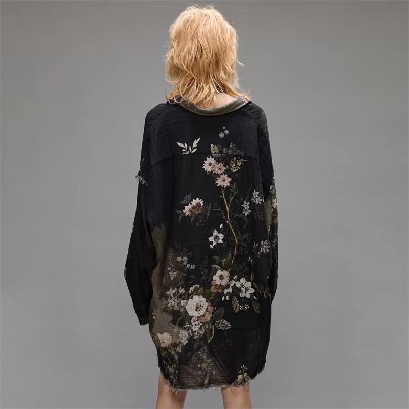 Casual Retro Lapel Print Cotton Tie Dye Loose Long-Sleeved Shirt - Image 2