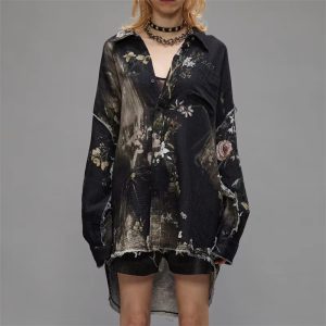 Casual Retro Lapel Print Cotton Tie Dye Loose Long-Sleeved Shirt
