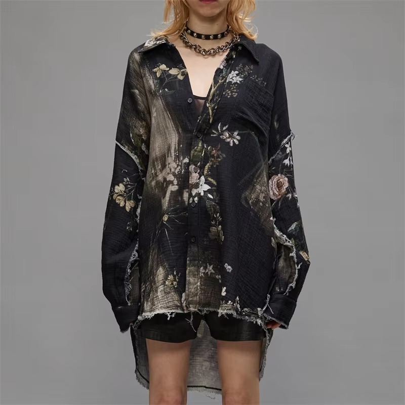 Casual Retro Lapel Print Cotton Tie Dye Loose Long-Sleeved Shirt