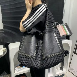 Casual Retro mesh large capacity shoulder punk rivet stray handbag