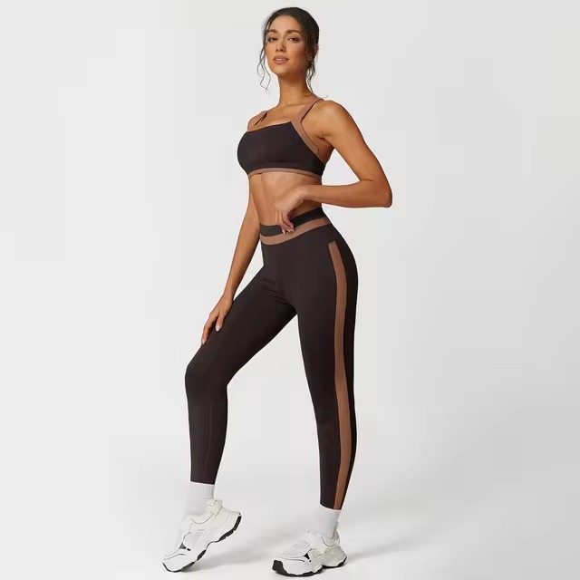Casual Ribbed Sports Suits Bra And High Waist Leggings 2 Pieces Set - Image 3