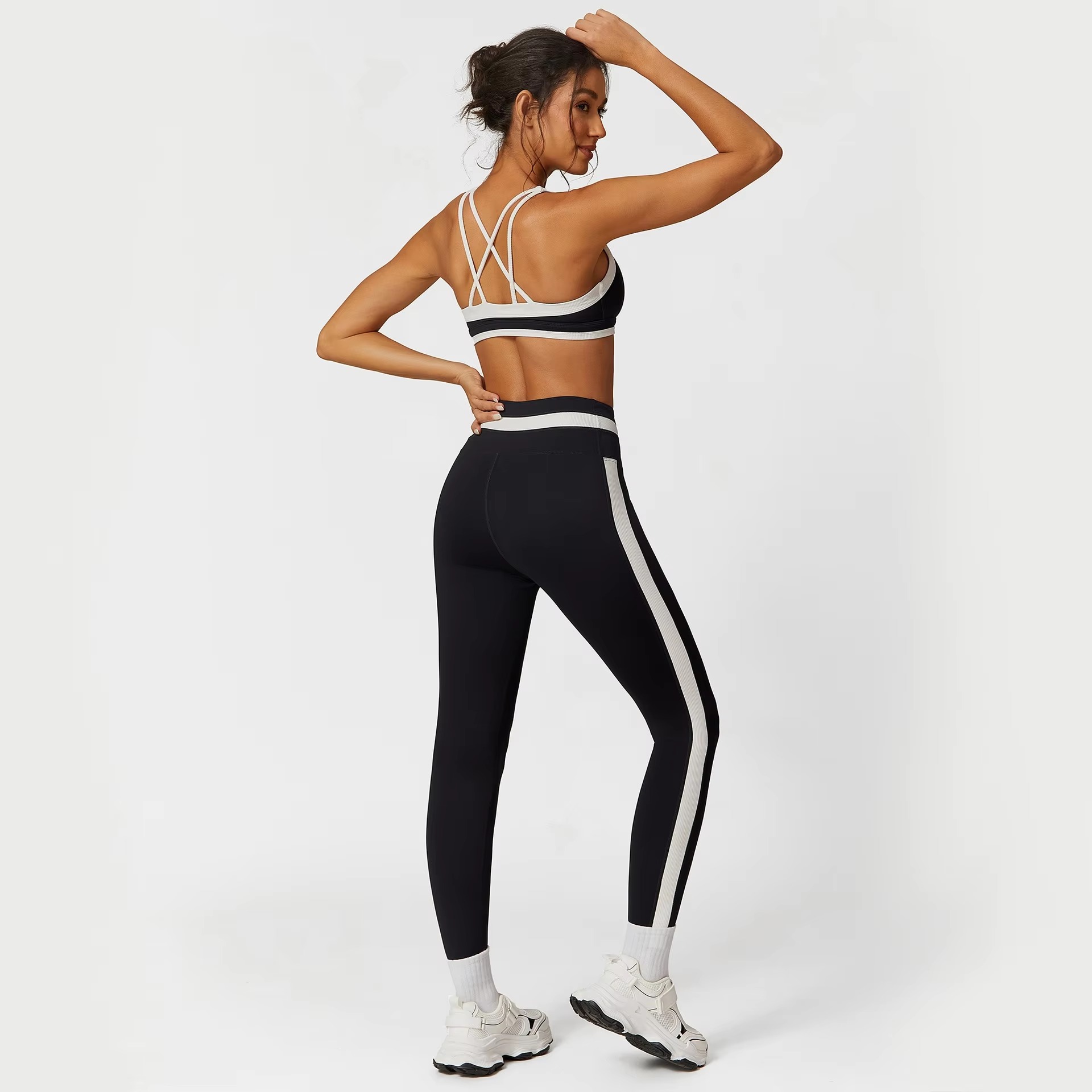 Casual Ribbed Sports Suits Bra And High Waist Leggings 2 Pieces Set - Image 2