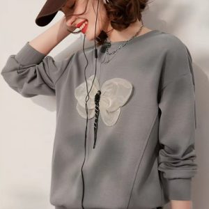 Casual Round Neck Long Sleeve 3D Dragonfly Sweatshirt