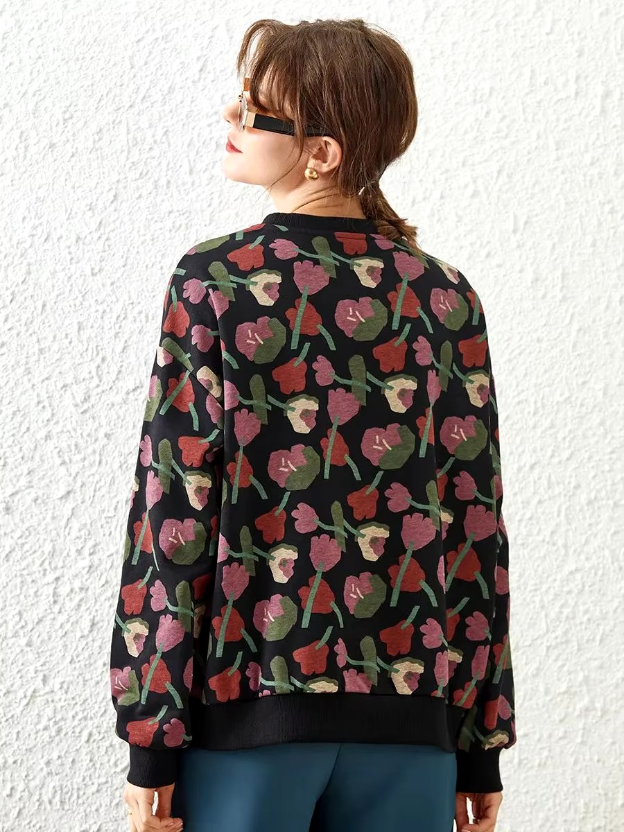 Casual Round Neck Long Sleeve Print Flower Loose Hoodies - Image 4