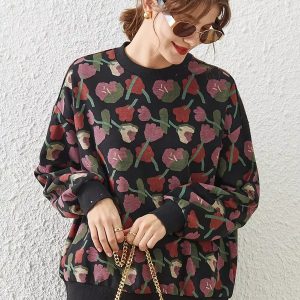 Casual Round Neck Long Sleeve Print Flower Loose Hoodies