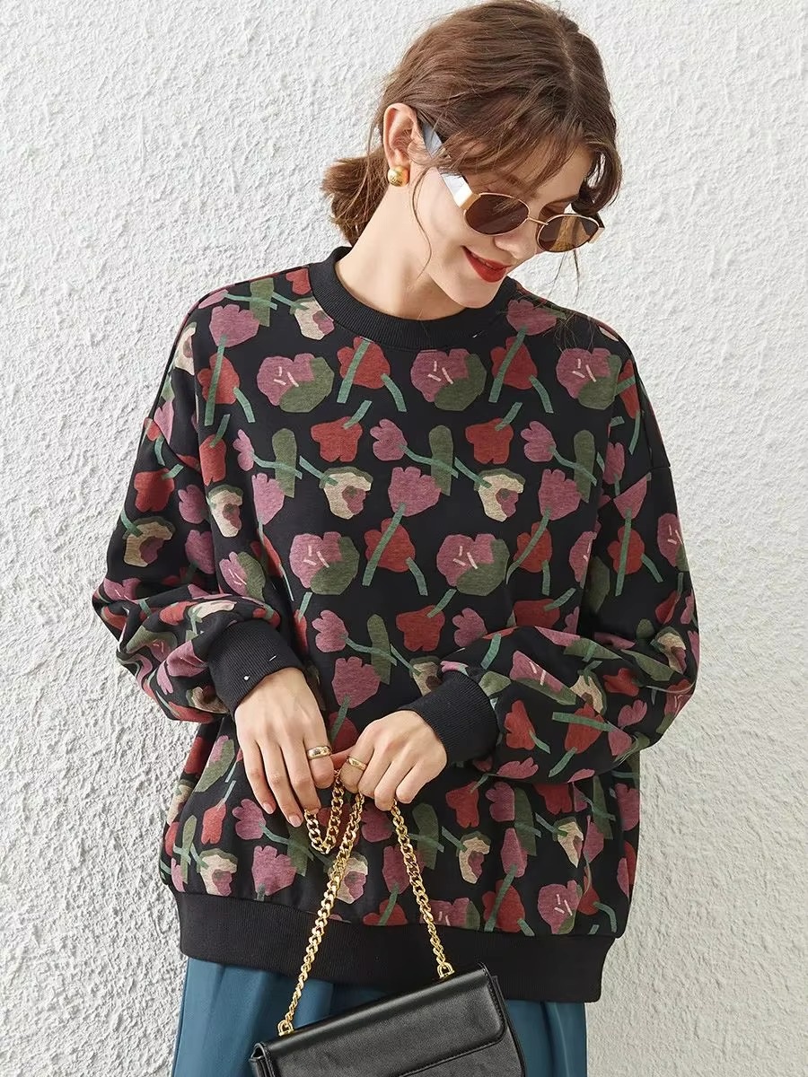 Casual Round Neck Long Sleeve Print Flower Loose Hoodies