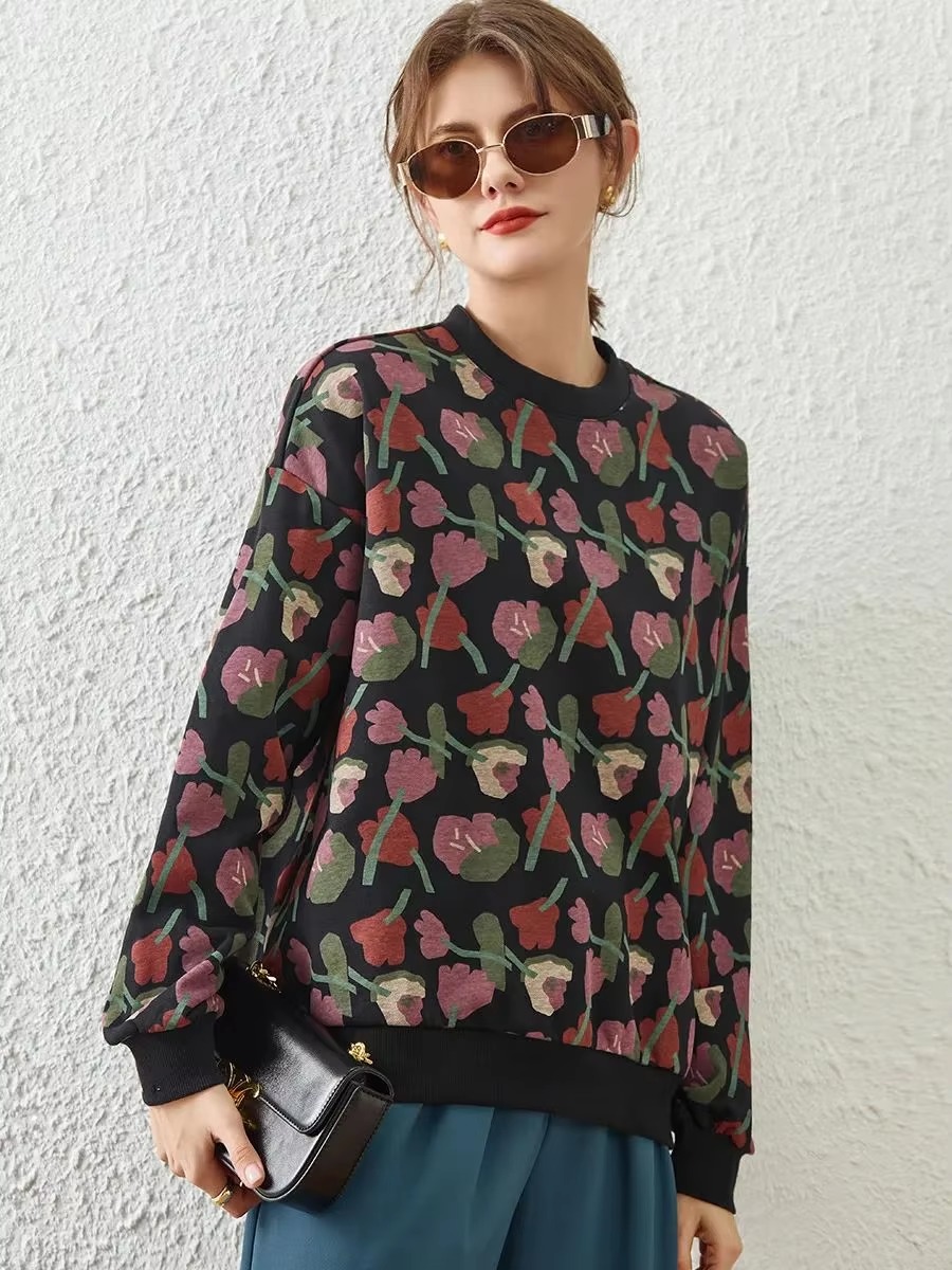 Casual Round Neck Long Sleeve Print Flower Loose Hoodies - Image 2
