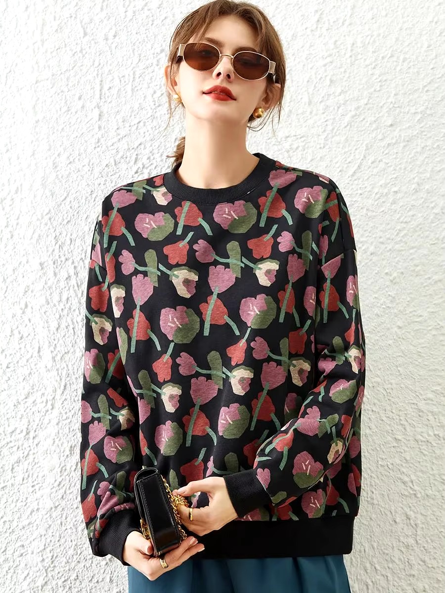 Casual Round Neck Long Sleeve Print Flower Loose Hoodies - Image 3