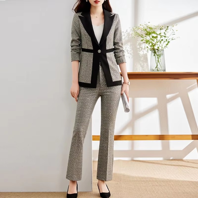 Casual Sequin Plaid Flare pant Full Sleeve Blazers Jacket Matching Two Piece Pants Suit