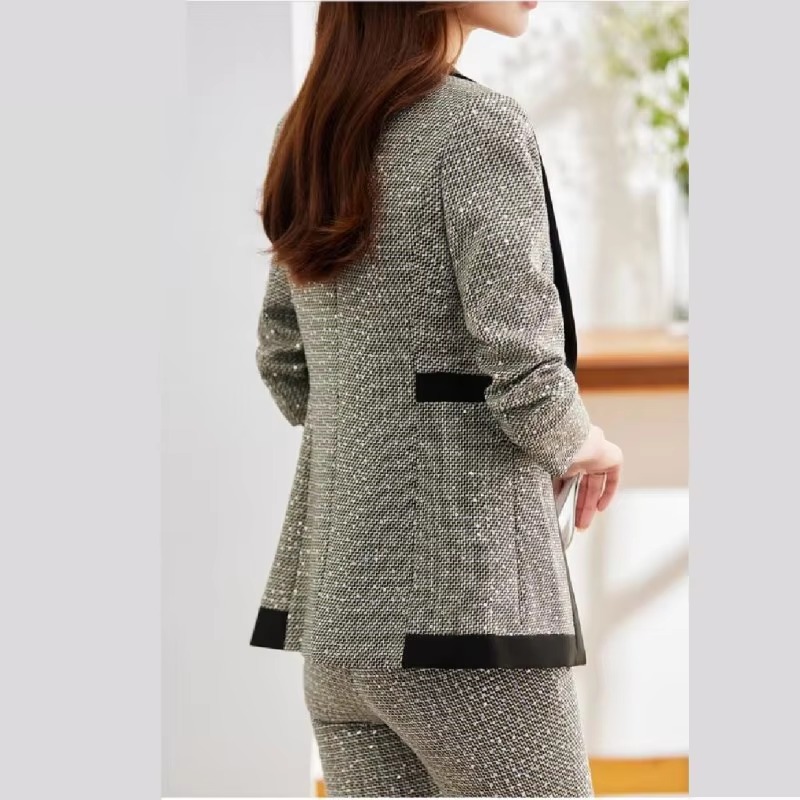 Casual Sequin Plaid Flare pant Full Sleeve Blazers Jacket Matching Two Piece Pants Suit - Image 5