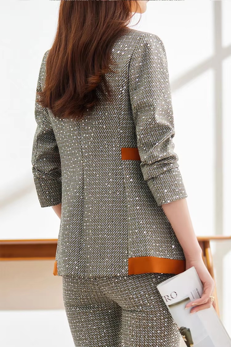 Casual Sequin Plaid Flare pant Full Sleeve Blazers Jacket Matching Two Piece Pants Suit - Image 9