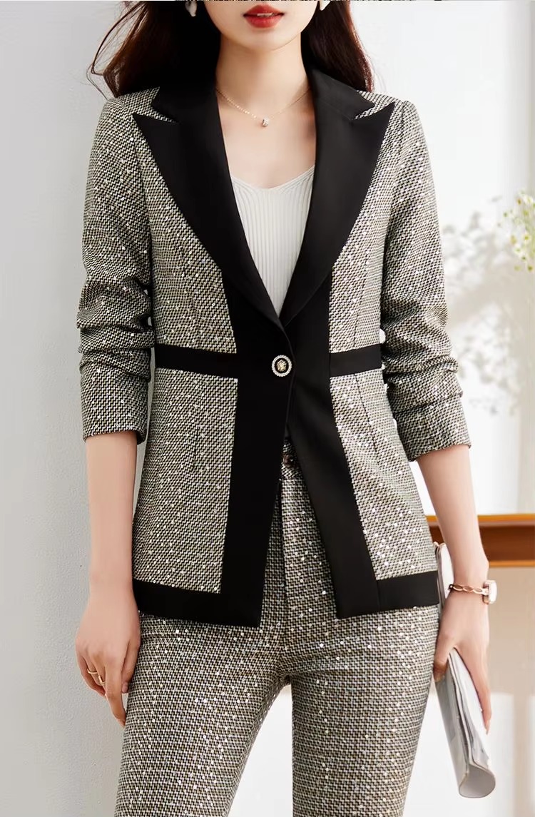Casual Sequin Plaid Flare pant Full Sleeve Blazers Jacket Matching Two Piece Pants Suit - Image 2