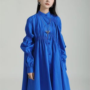 Casual Shirring Pleated Stand Neck Long Sleeve Irregular Loose Shirt Dress