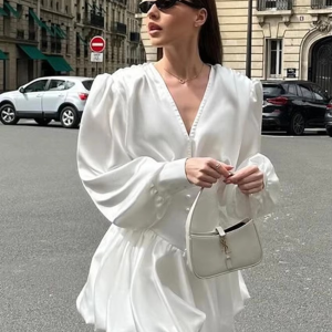 Casual Shirt With High Waist Pleated Mini Skirt Loose Satin 2 Piece Set