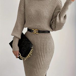 Casual Simple Turtleneck Knitted Slight Stretch Pullover Dress