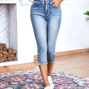 Casual Skinny High Stretch Elastic Waist Denim Pencil Calf-Length Jeans