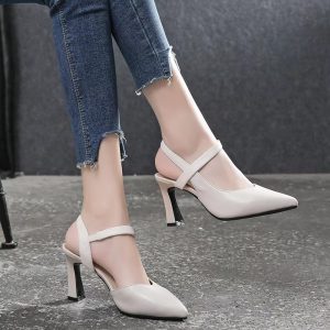 Casual Soft Leather Solid Color Thick High-heeled Sandals