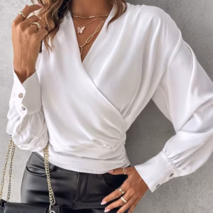 Casual Solid Color Zipper V-Neck Pleated Blouses Long Sleeves Office Shirts Tops