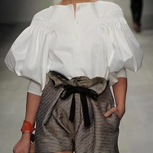 Casual Solid Color slash neck Puff Sleeves Buttoned Blouses Shirts Tops