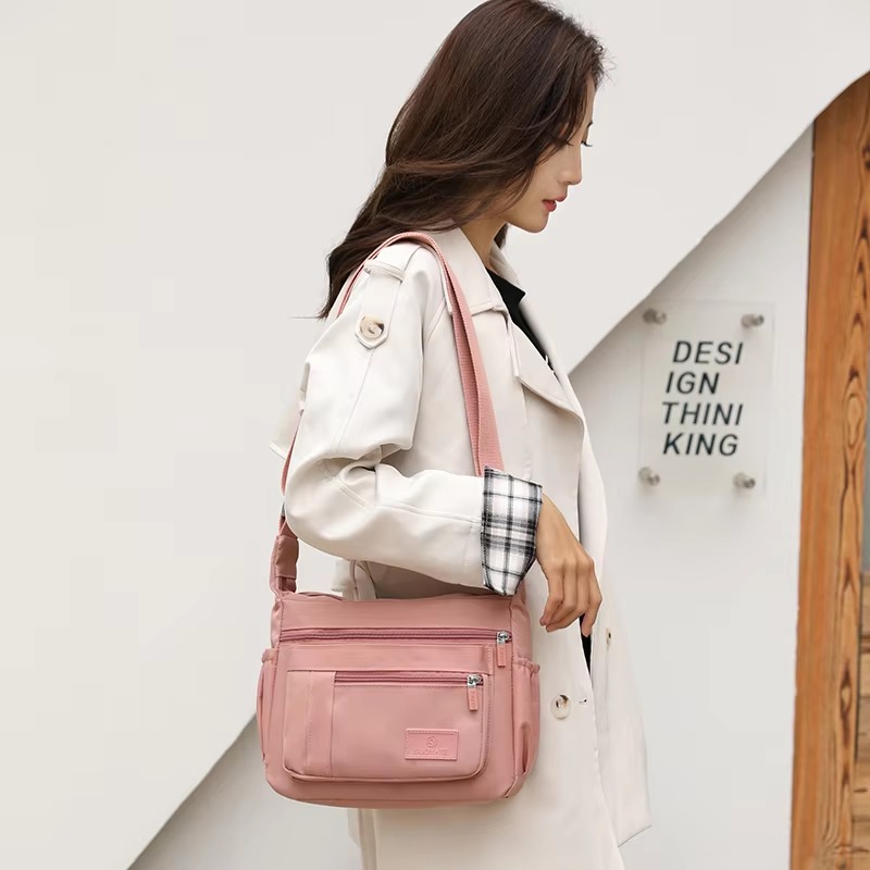 Casual Solid Interior Zipper Pocket Waterproof Nylon Messenger Shoulder Handbag