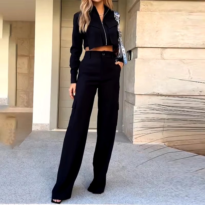 Casual Solid Lapel Zipper Long Sleeve Solid Top And Pants Two Piece Set - Image 2